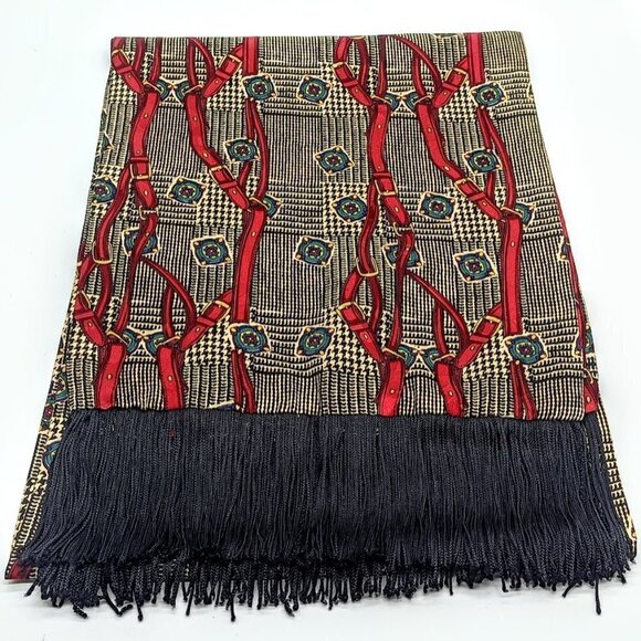 Double Sided Equestrian Print Plaid Fringed Oblong Scarf - Picture 1 of 4
